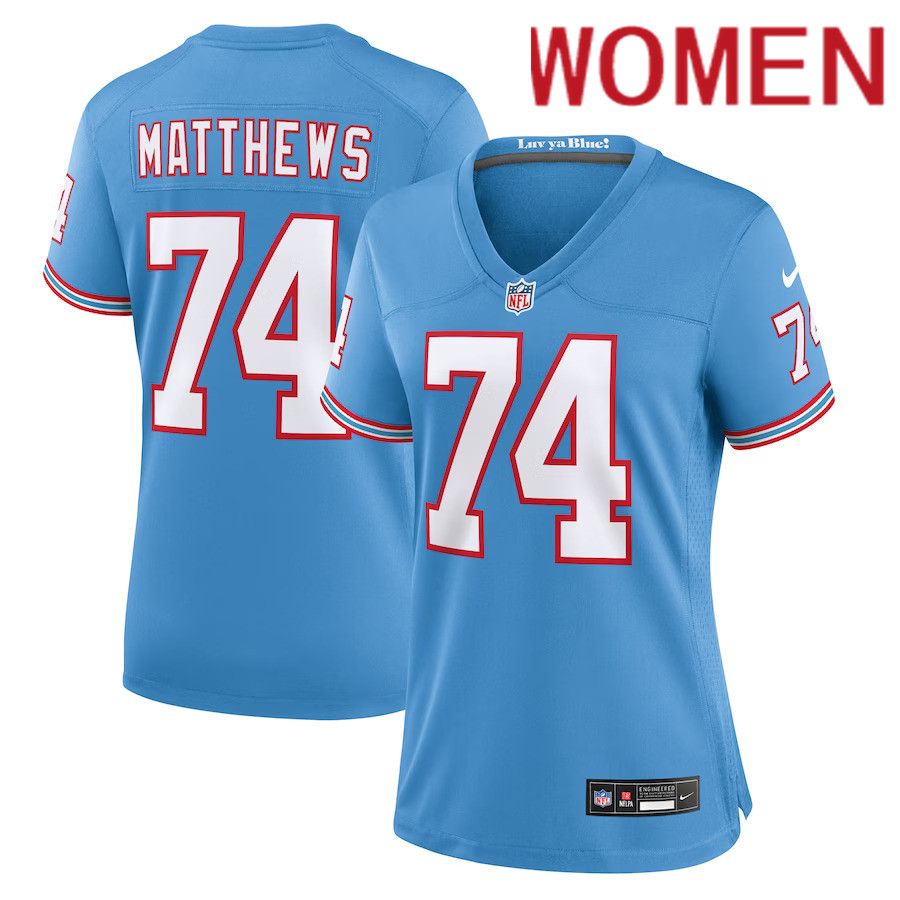 Women Tennessee Titans 74 Bruce Matthews Nike Light Blue Oilers Throwback Retired Player Game NFL Jersey